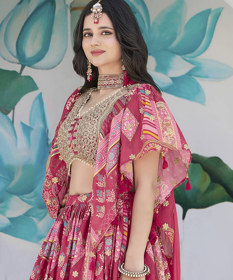 Fascinating Pink Digital Printed with Dori & Zari embroidery Chinnon Silk Fabric Indain Designer Lattest Design Lehenga
