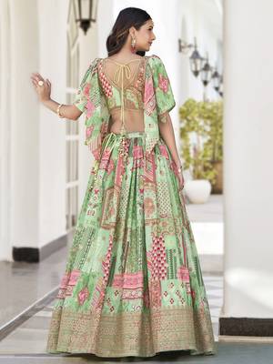 Glamorous Green Digital Printed with Dori and Zari embroidery work Chinnon Silk Fabric Indian Designer Wedding Lehenga 5