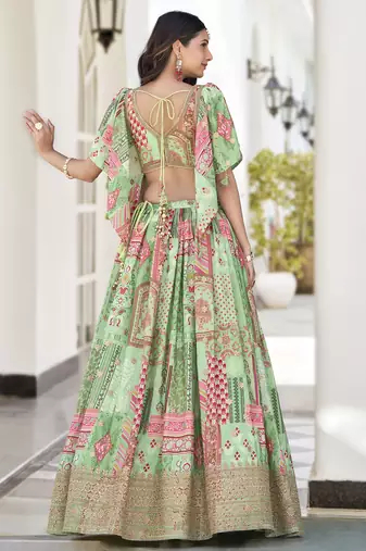 Glamorous Green Digital Printed with Dori and Zari embroidery work Chinnon Silk Fabric Indian Designer Wedding Lehenga
