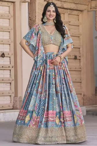 Gorgeous sky-blue Digital Printed with Dori and Zari embroidered Chinnon Silk Fabric Indian wedding and party lehenga