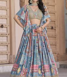 Gorgeous sky-blue Digital Printed with Dori and Zari embroidered Chinnon Silk Fabric Indian wedding and party lehenga