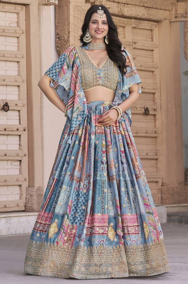 Gorgeous sky-blue Digital Printed with Dori and Zari embroidered Chinnon Silk Fabric Indian wedding and party lehenga