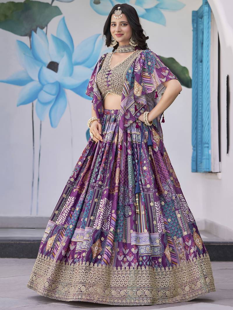 Adorable Purple Digital Printed with Dori and Zari embroidery Chinnon Silk Fabric Latest design Indian floral lehenga