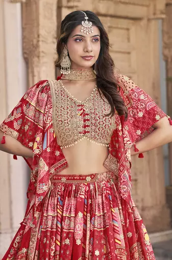 Lovable Red Digital Printed with Dori and Zari embroidery work Chinnon Silk Fabric Indian wedding lehenga dress