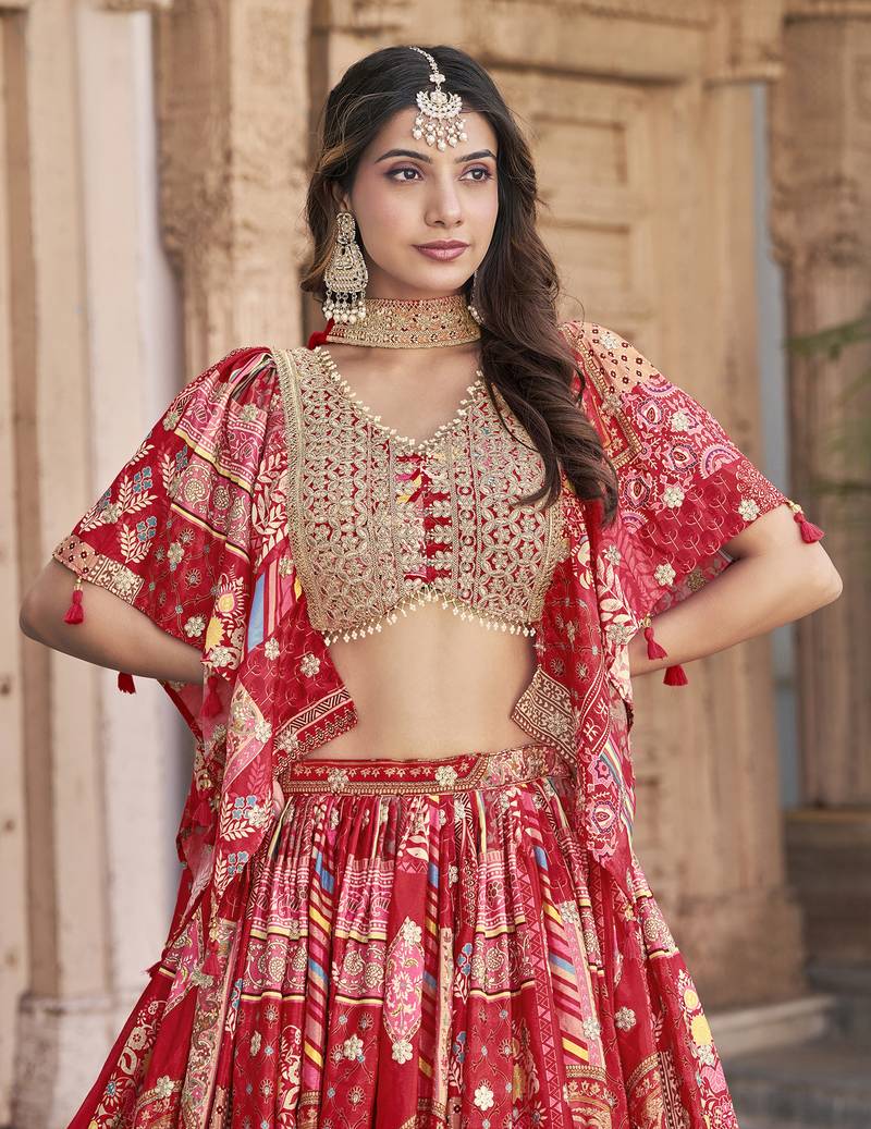 Lovable Red Digital Printed with Dori and Zari embroidery work Chinnon Silk Fabric Indian wedding lehenga dress