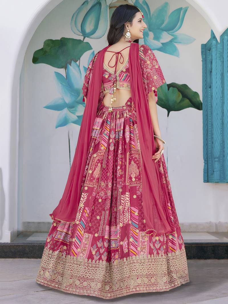 Fascinating Pink Digital Printed with Dori & Zari embroidery Chinnon Silk Fabric Indain Designer Lattest Design Lehenga
