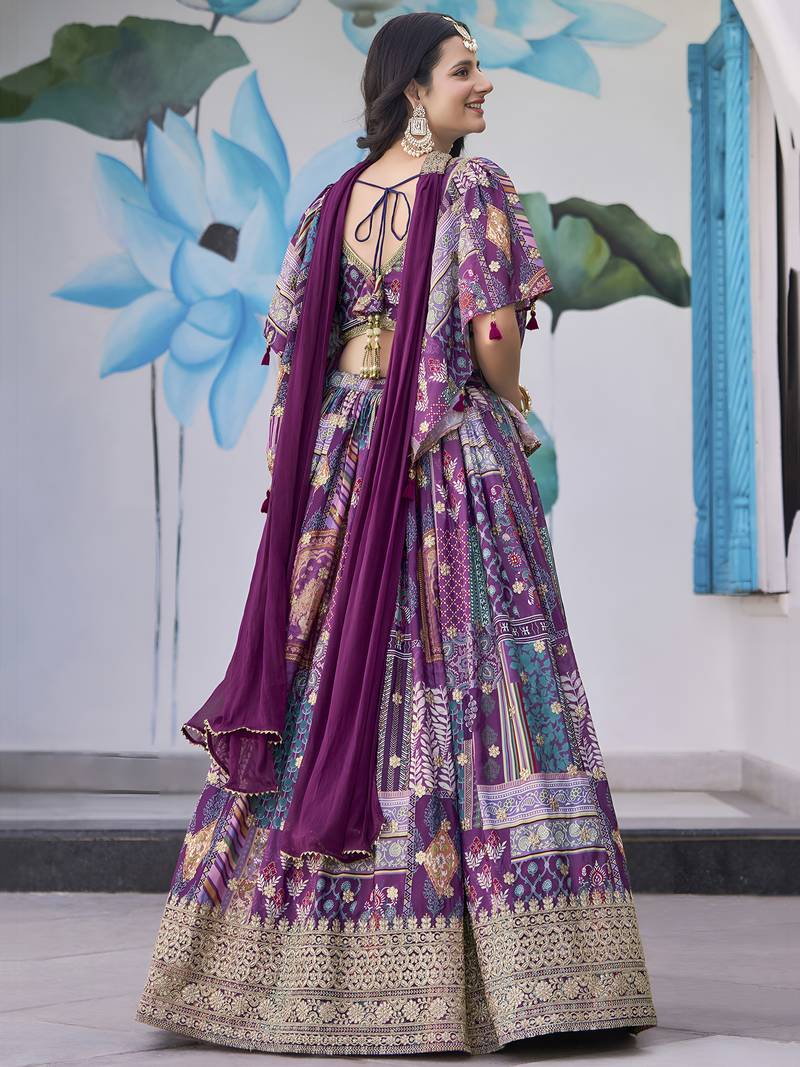 Adorable Purple Digital Printed with Dori and Zari embroidery Chinnon Silk Fabric Latest design Indian floral lehenga