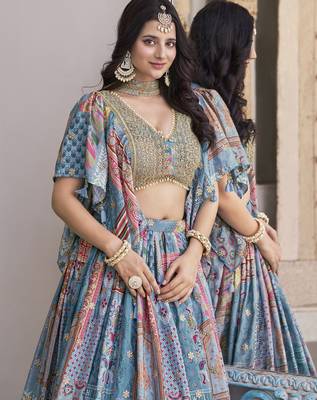 Gorgeous sky-blue Digital Printed with Dori and Zari embroidered Chinnon Silk Fabric Indian wedding and party lehenga 2