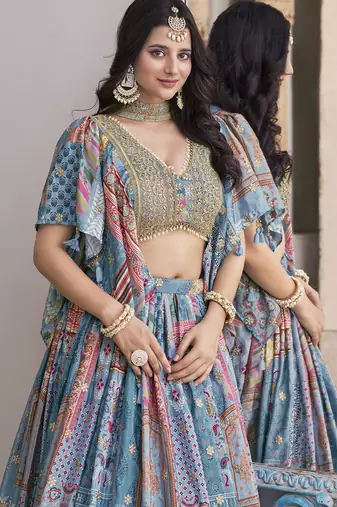 Gorgeous sky-blue Digital Printed with Dori and Zari embroidered Chinnon Silk Fabric Indian wedding and party lehenga
