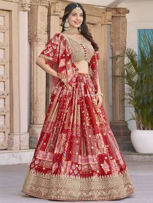 Lovable Red Digital Printed with Dori and Zari embroidery work Chinnon Silk Fabric Indian wedding lehenga dress 3