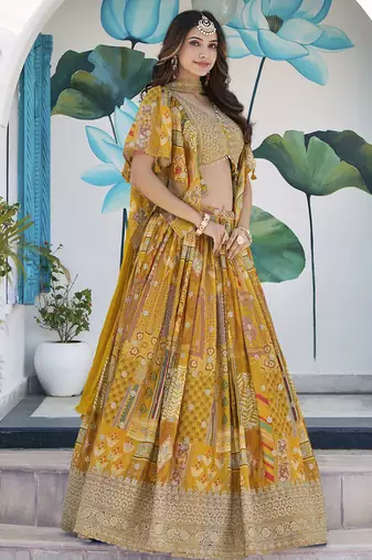 Phenomenal Yellow Digital Printed with Dori & Zari embroidered Chinnon Silk Fabric Indain designer party lehenga dress
