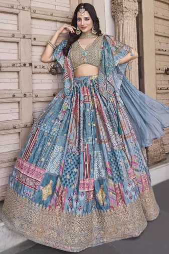 Gorgeous sky-blue Digital Printed with Dori and Zari embroidered Chinnon Silk Fabric Indian wedding and party lehenga