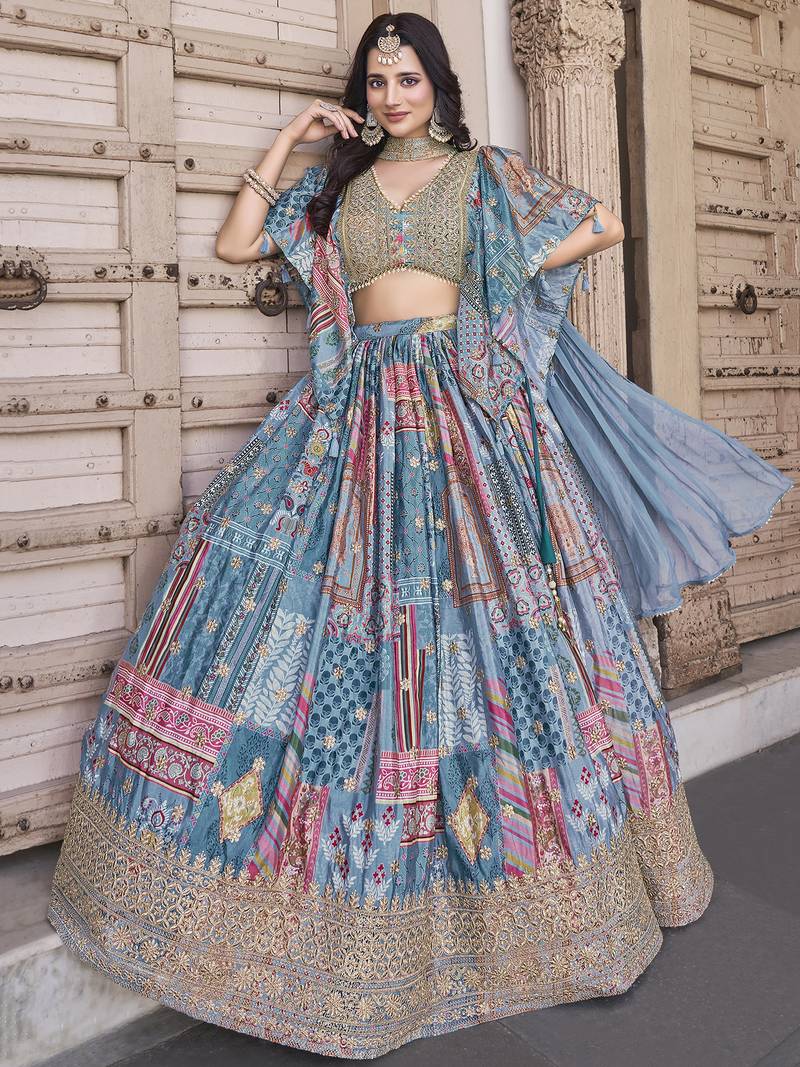 Gorgeous sky-blue Digital Printed with Dori and Zari embroidered Chinnon Silk Fabric Indian wedding and party lehenga