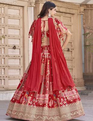 Lovable Red Digital Printed with Dori and Zari embroidery work Chinnon Silk Fabric Indian wedding lehenga dress 5