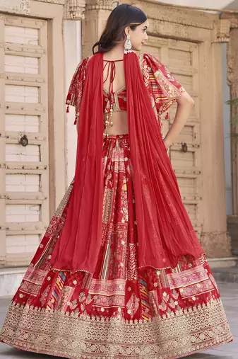Lovable Red Digital Printed with Dori and Zari embroidery work Chinnon Silk Fabric Indian wedding lehenga dress