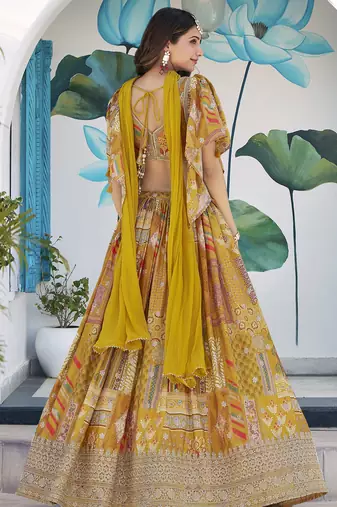 Phenomenal Yellow Digital Printed with Dori & Zari embroidered Chinnon Silk Fabric Indain designer party lehenga dress
