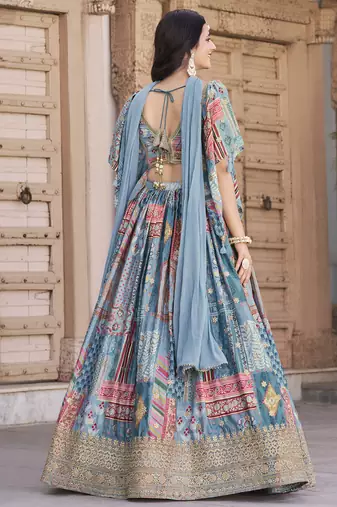 Gorgeous sky-blue Digital Printed with Dori and Zari embroidered Chinnon Silk Fabric Indian wedding and party lehenga