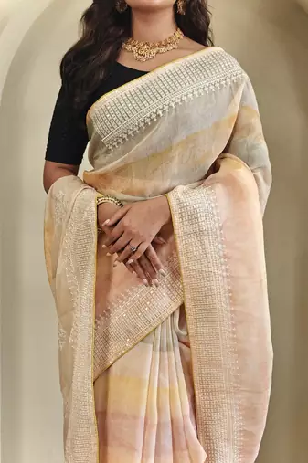 Light Peach Pure  Organza Saree