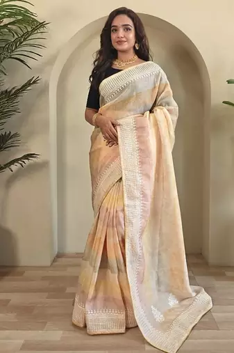 Light Peach Pure  Organza Saree