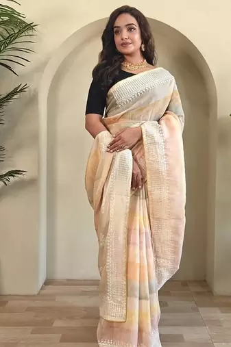 Light Peach Pure  Organza Saree