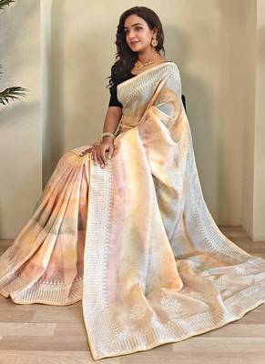 Light Peach Pure  Organza Saree 4