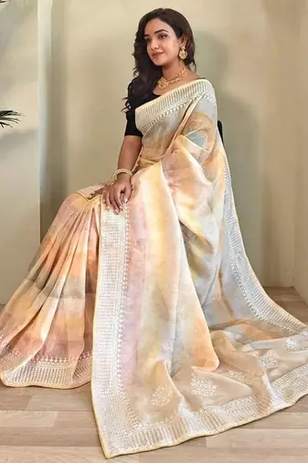Light Peach Pure  Organza Saree