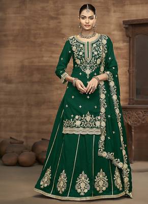 Vichitra silk blend embroidered dark green readymade suit 1