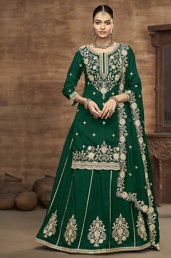 Vichitra silk embroidered dark green readymade suit