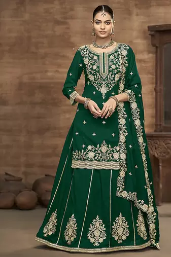 Vichitra silk embroidered dark green readymade suit