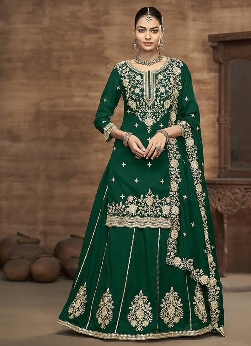 Vichitra silk embroidered dark green readymade suit