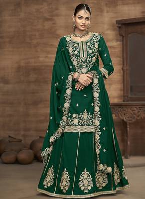 Vichitra silk blend embroidered dark green readymade suit 2