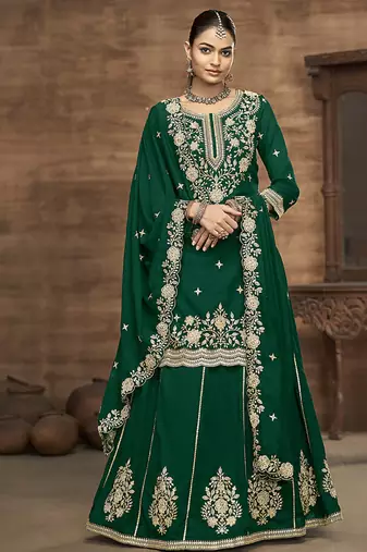 Vichitra silk blend embroidered dark green readymade suit