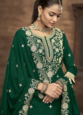Vichitra silk blend embroidered dark green readymade suit 3