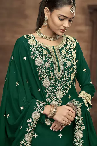 Vichitra silk blend embroidered dark green readymade suit