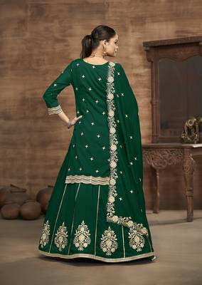 Vichitra silk blend embroidered dark green readymade suit 4