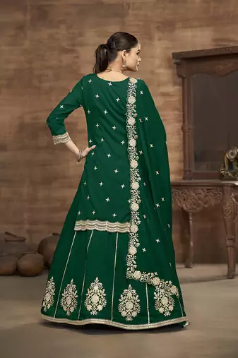 Vichitra silk blend embroidered dark green readymade suit