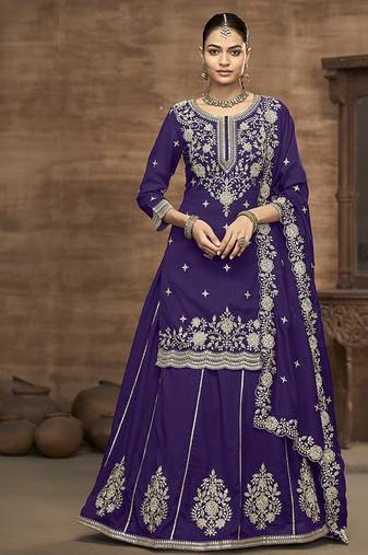 Vichitra silk embroidered purple readymade suit