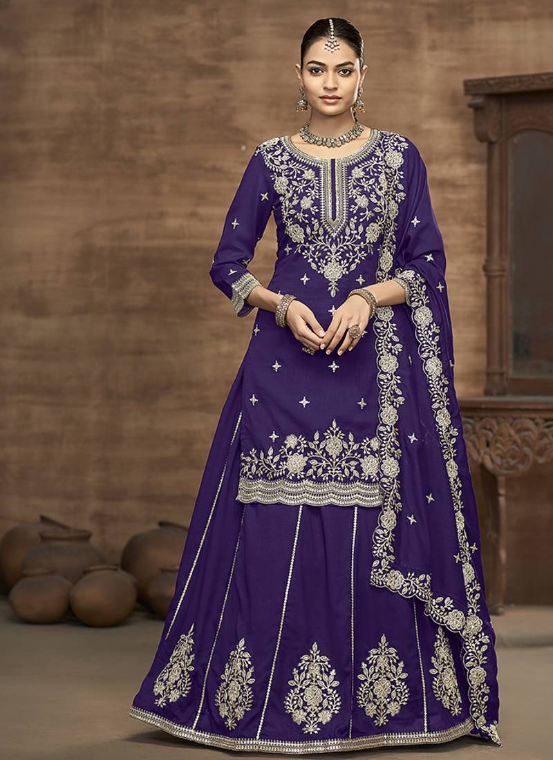 Vichitra silk embroidered purple readymade suit