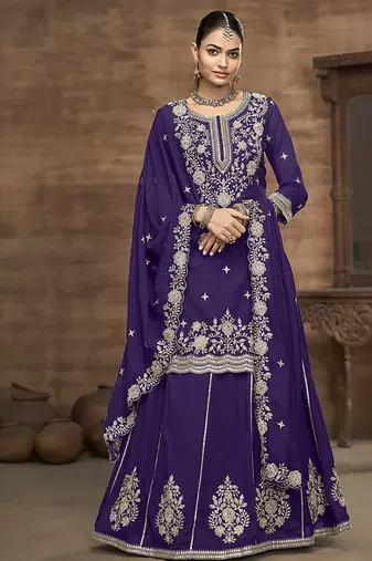 Vichitra silk blend embroidered purple readymade suit