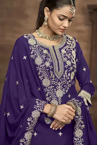 Vichitra silk blend embroidered purple readymade suit
