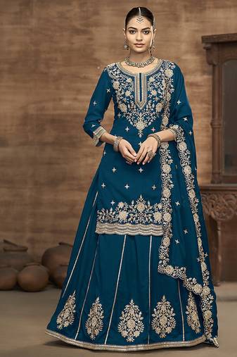 Vichitra silk embroidered teal readymade suit