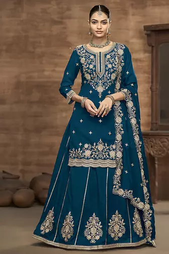Vichitra silk embroidered teal readymade suit