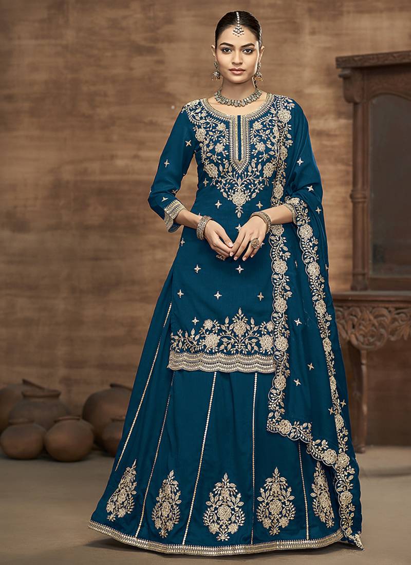 Vichitra silk embroidered teal readymade suit
