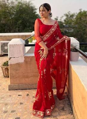 Red Zari sequin Embroidered Georgette Saree 1