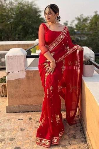 Red Zari sequin Embroidered Georgette Saree