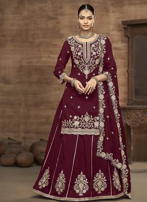 Vichitra silk blend embroidered maroon readymade suit 1