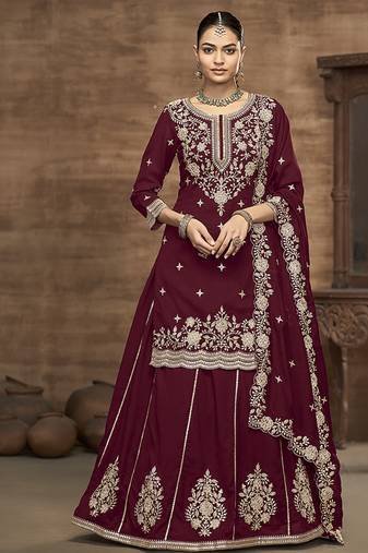Vichitra silk embroidered maroon readymade suit