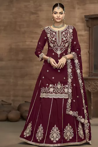 Vichitra silk embroidered maroon readymade suit