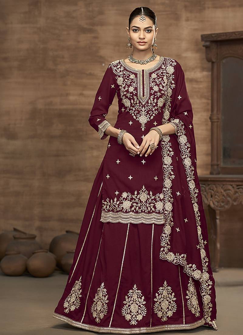 Vichitra silk embroidered maroon readymade suit