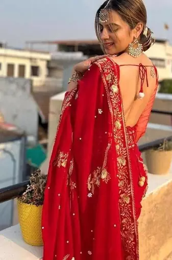 Red Zari sequin Embroidered Georgette Saree